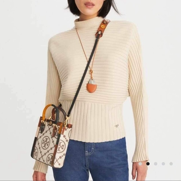 Tory Burch T Monogram Grommet Mini Tote Bag Crossbody Ivory Tan Brown Gold - Picture 2 of 14